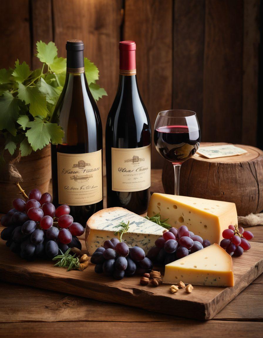 A beautifully arranged wine display featuring an elegant glass of red wine, a bottle with a vintage label, and various grape varieties scattered around. In the background, a rustic wooden table adorned with gourmet cheese, fruits, and herbs, creating a perfect pairing scene. Soft golden lighting enhances the warm and inviting atmosphere. super-realistic. vibrant colors. rustic style.