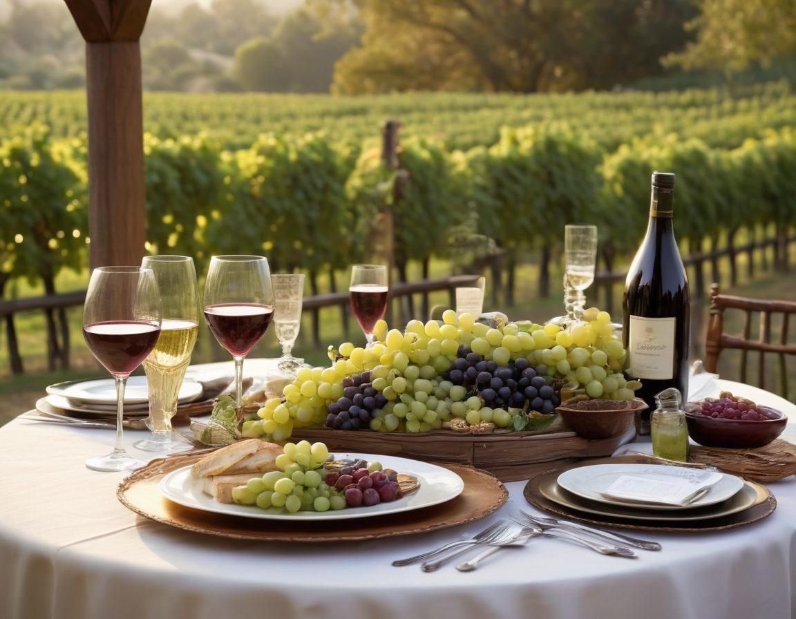 A beautifully set table featuring an array of gourmet dishes paired with various grape beverages, such as wine and grape juice, all elegantly displayed. The table should be adorned with fresh grapes, cheese platters, and intricate glassware, exuding a warm, inviting ambiance. Soft candlelight enhances the romantic atmosphere, with a backdrop of lush vineyards in the distance. Emphasize rich, vibrant colors and a cozy, intimate setting. super-realistic. vibrant colors. warm tones.