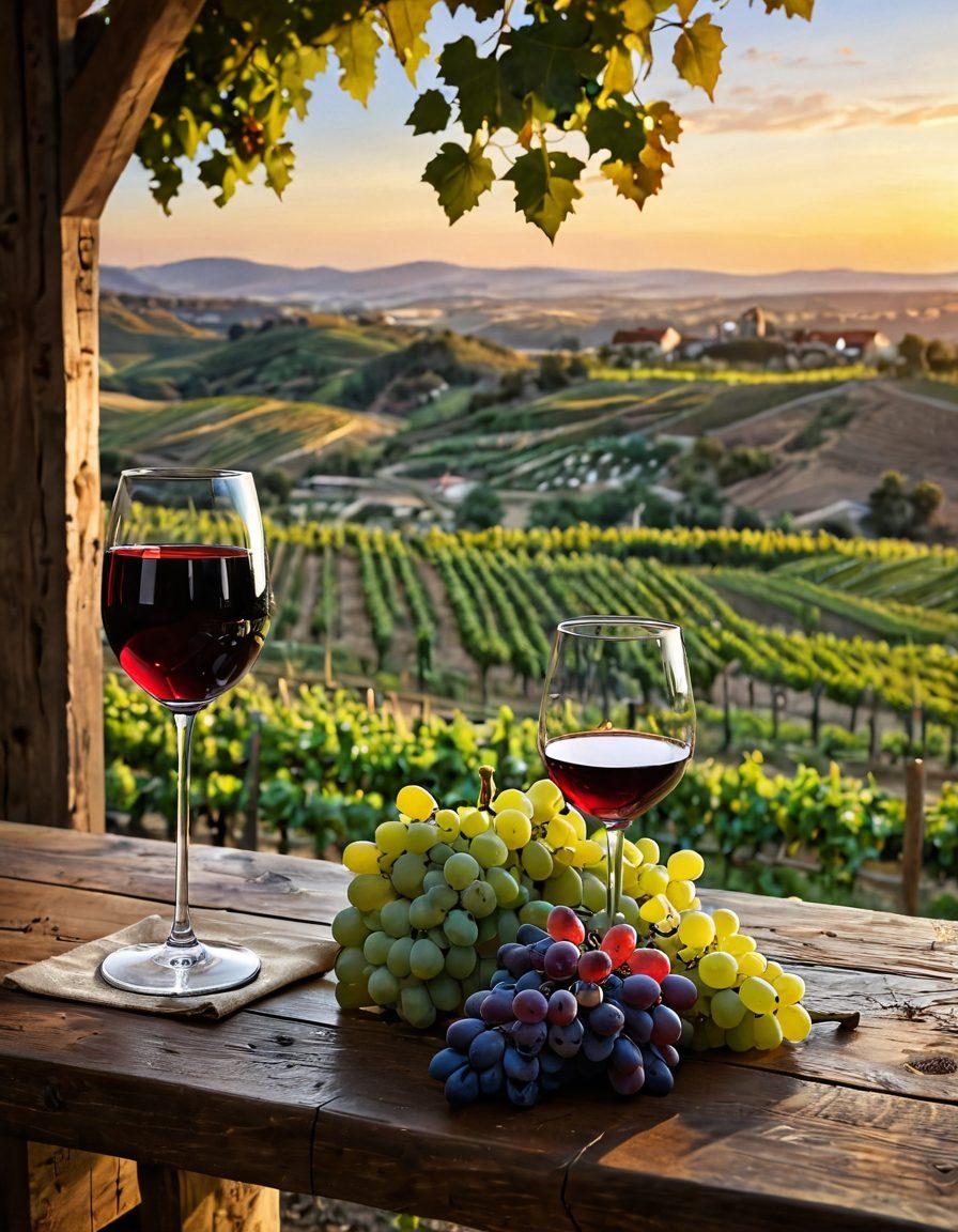 A captivating vineyard landscape at sunset, showcasing lush grapevines in varying stages of ripeness, with a glass of red wine elegantly placed on a rustic wooden table. In the background, rolling hills and a quaint winery add to the charm, while diverse cultural elements like wine barrels and traditional wine-making tools are subtly included. Soft golden light bathes the scene, enhancing the rich colors of the grapes and the glass. super-realistic. vibrant colors. warm tones.